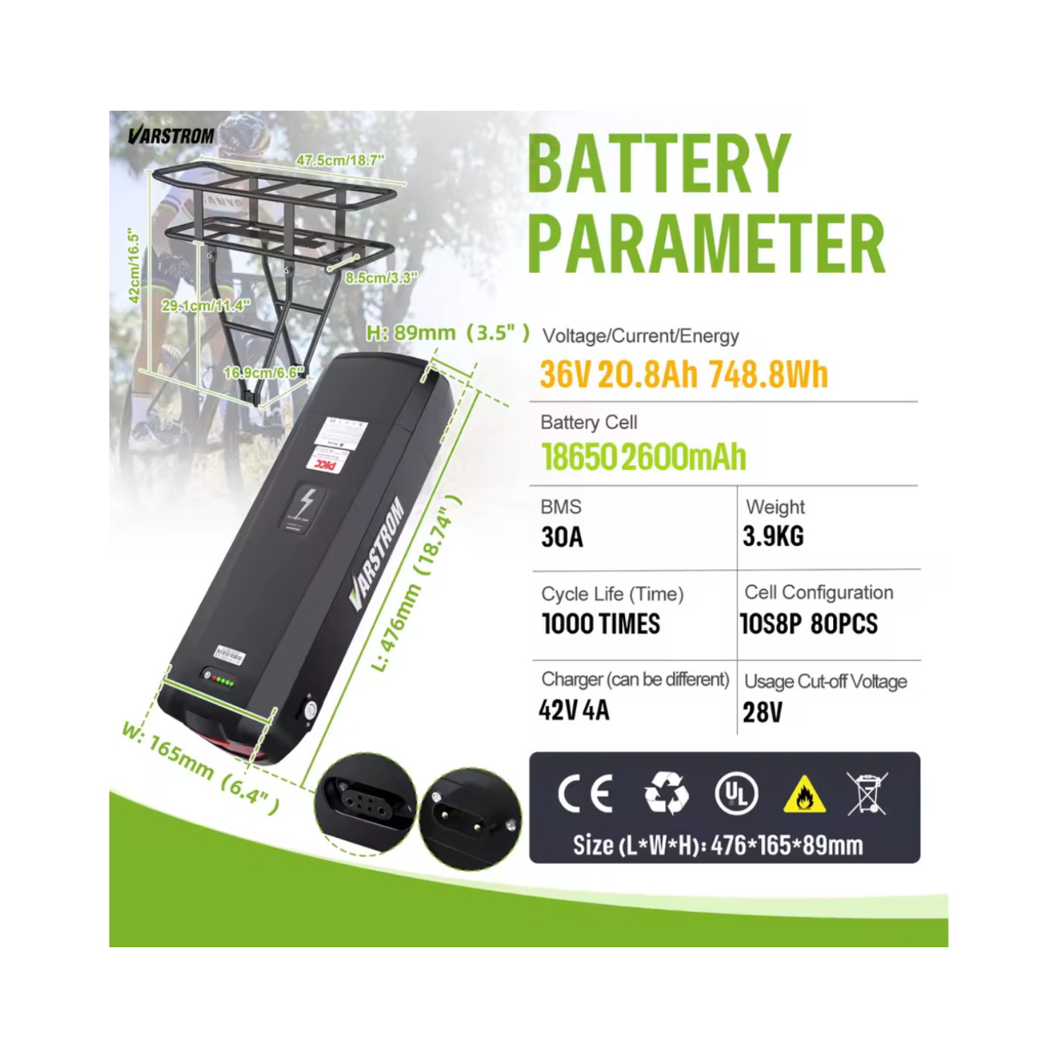 36V 20.8Ah Rear Rack E-Bike Battery