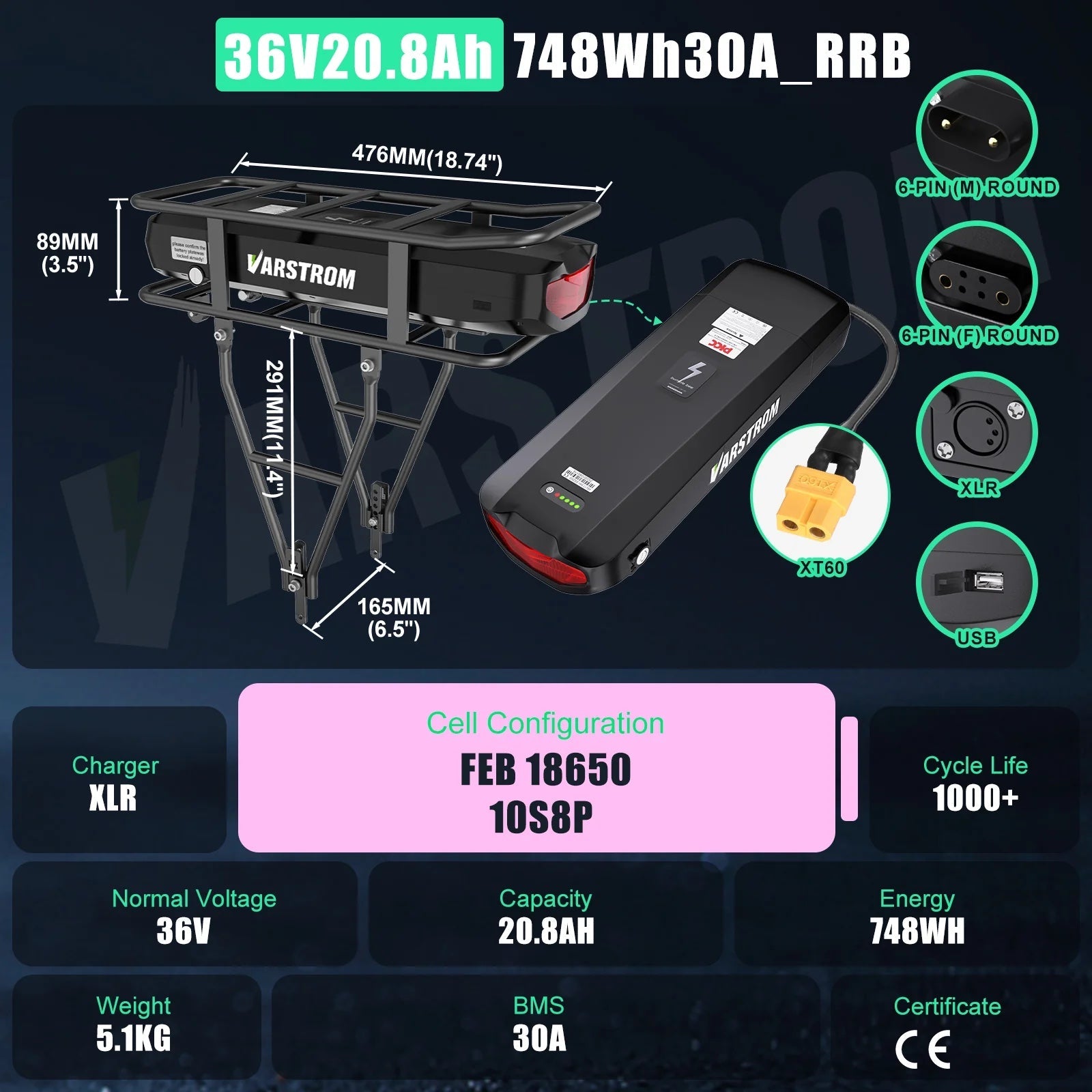 36V 20.8Ah Rear rack E-Bike Battery-4